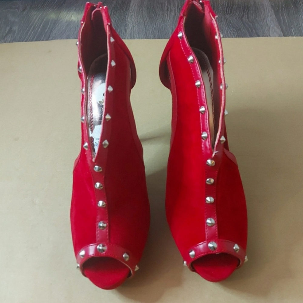 Dollhouse Red Velvet Studded Peep Toe Boots
